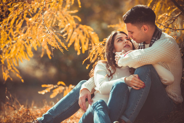 秋の公園でお互いを見ながら素晴らしいカップルが幸せ探しています - 写真・画像