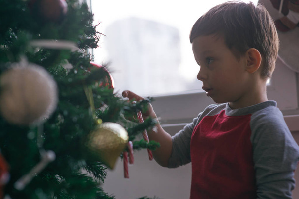 Υπέροχο αγόρι παίζει με τις δύο αγαπημένες του καραμέλες το πρωί των Χριστουγέννων ενώ στέκεται δίπλα στο χριστουγεννιάτικο δέντρο του. - Φωτογραφία, εικόνα