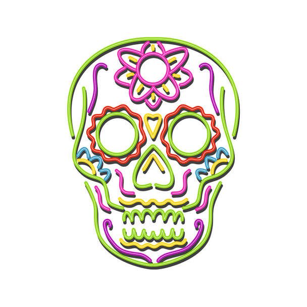 Ілюстрація в стилі ретро, що показує світловий знак неонової вивіски 1990-х років, що освітлює татуювання декоративного цукрового черепа або кальбери на ізольованому фоні
. - Вектор, зображення