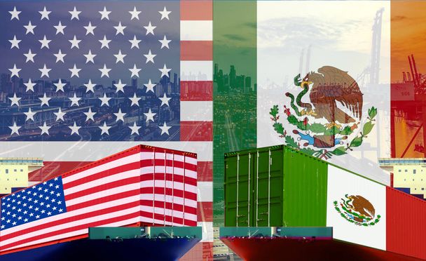 Imagen conceptual de Estados Unidos - México guerra comercial, conflicto económico, aranceles estadounidenses, impuestos, fricciones comerciales
 - Foto, imagen
