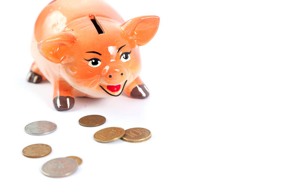 Piggy bank in the shape of a pig symbol of 2019 on a white background close-up. Nearby are round coin - Foto, Imagen