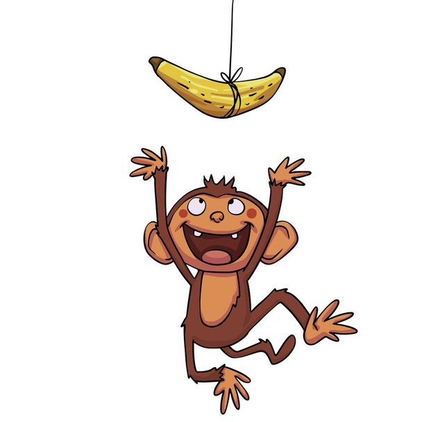 αστεία μαϊμού που προσπαθεί να πιάσει την μπανάνα - Διάνυσμα, εικόνα
