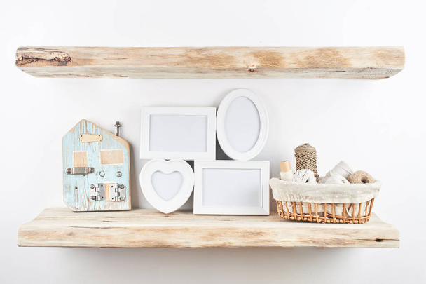 Wooden shelves with decor items. Home interior - Фото, изображение
