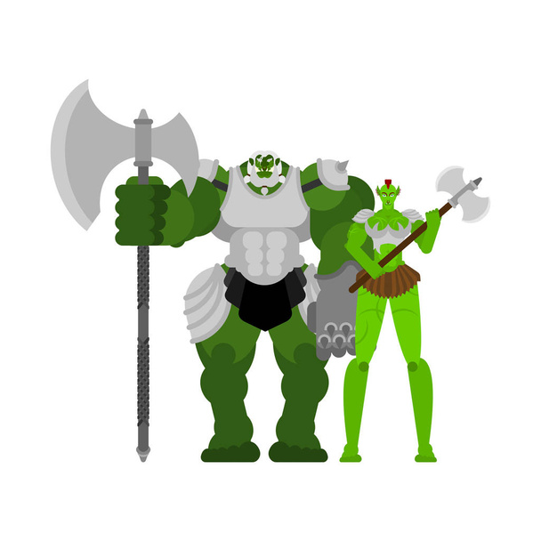 Ogre warrior vrouw en man. Groene Kobold familie Strong. Berserk Troll met wapen - Vector, afbeelding