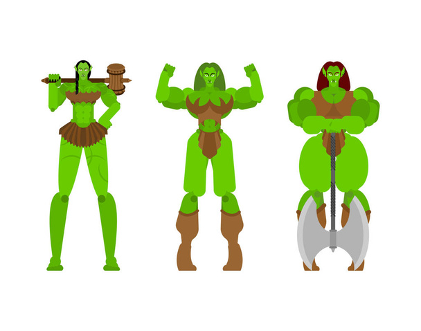 Ogre Female warrior set. Green goblin woman Strong. berserk lady Troll with weapon - Vector, Image