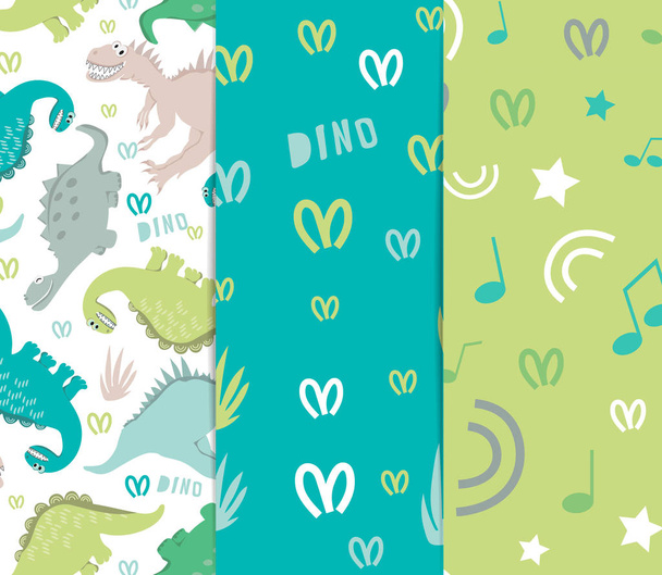 Set of seamless patterns. Illustration of dinosaurs in pastel colors. To create a collection of children's clothing, bed linen, fabrics. Style of comics and cartoons - Vecteur, image