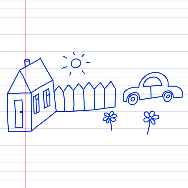Gelukkige familie met kleine kinderen en huis kinderen vector illustratie blauwe inkt pen puttend uit Kladblok, notebookpapier. - Vector, afbeelding