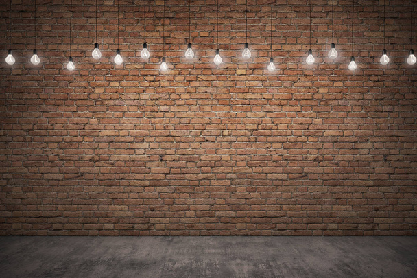 Mur en brique rugueuse orange et plancher en béton avec éclairage. Illustration 3D
  - Photo, image