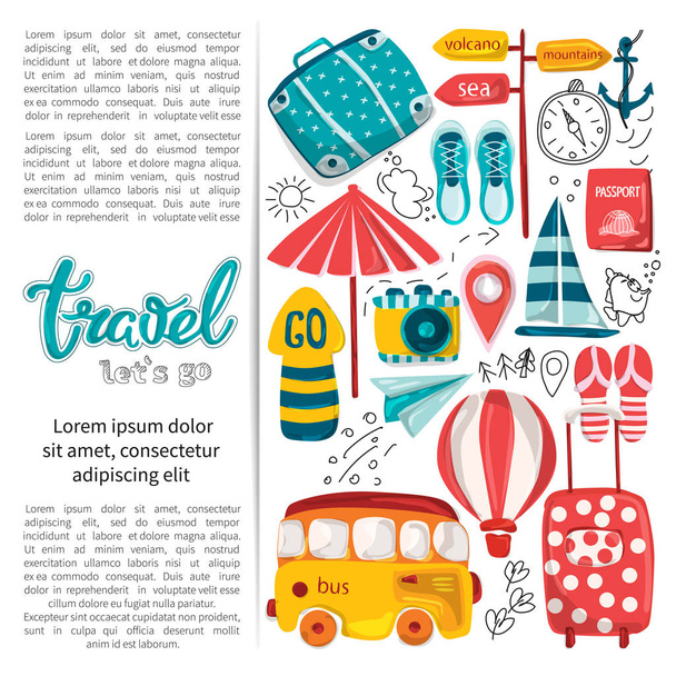 Vector illustration of a comic book journey. Template for tourist advertising banner, poster, flyer. Planning a summer vacation, adventure or business trip. Objects of tourist and passenger Luggage for advertising, website, banner - Vector, Image
