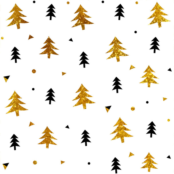 Geometrik Noel ağaçları altın ve beyaz arka plan üzerinde seamless modeli pırıltılı siyah vektör. Merry Christmas ve yeni yıl kağıt ambalaj - Vektör, Görsel