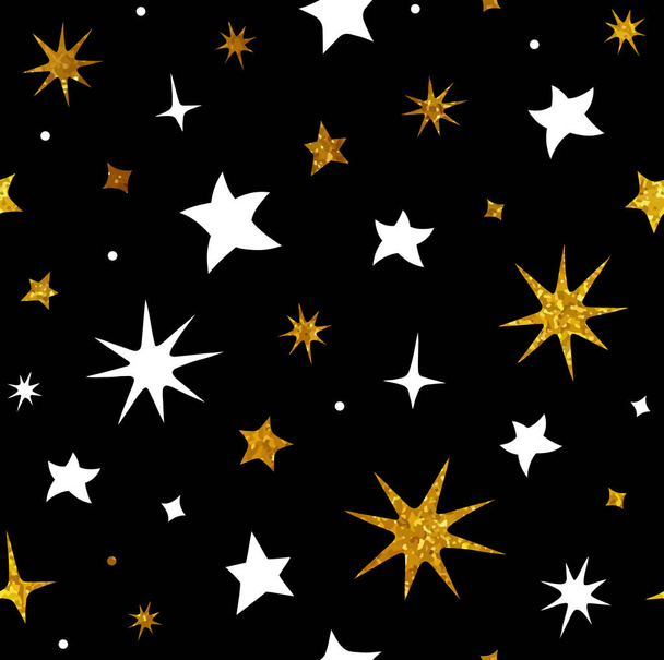 Vektor texturou, třpytící se zlaté a bílé bezešvé hvězdy vzor na černém pozadí. Veselé Vánoce a nový rok balicí papír. Holly jmelí jehly a jiné symboly Vánoc - Vektor, obrázek