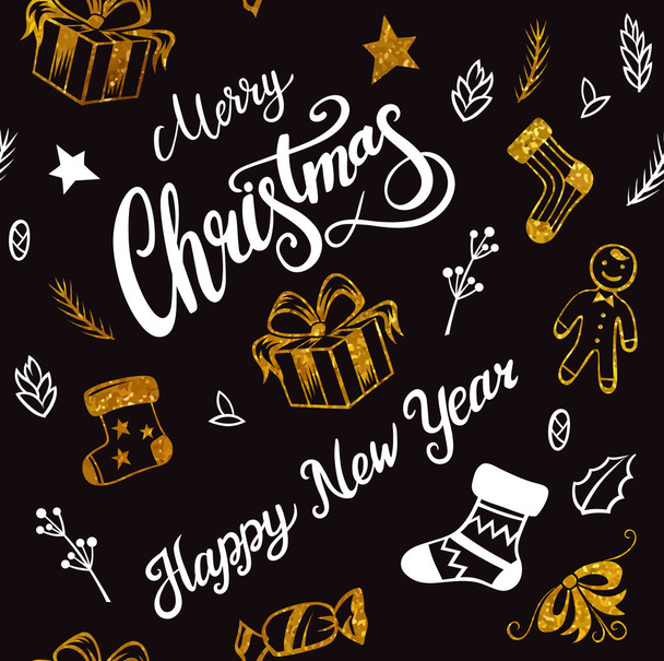 Vector textured gold glittering and white seamless pattern on a black background. Merry Christmas and New Year wrapping paper with lettering font composition. Gift socks needles and other - Vector, Image