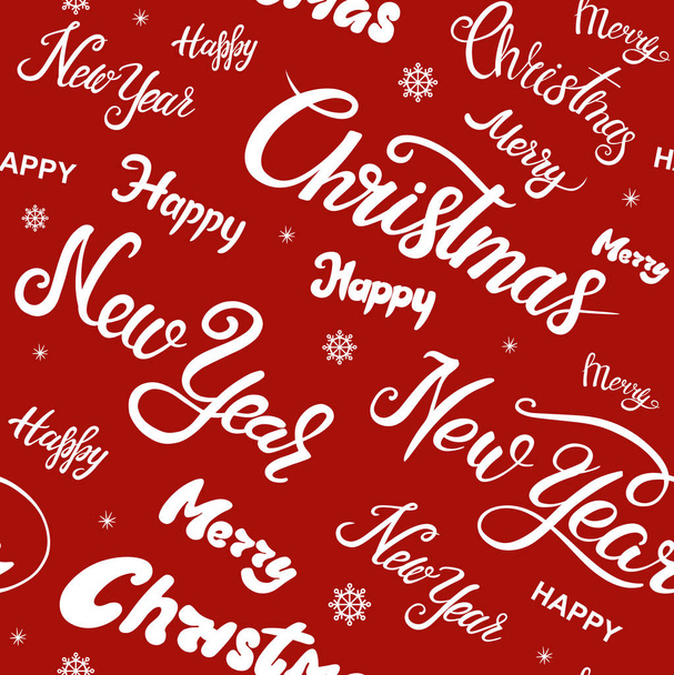 Vector white seamless pattern on a red background. Merry Christmas and New Year snowflakes and lettering font composition - Vector, Image