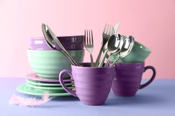 Set of clean dishware on color table - Photo, Image