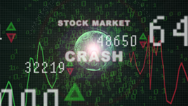 Stock market crash text on Stock market graph with bar chart price display, trading screen, chart bars - Footage, Video