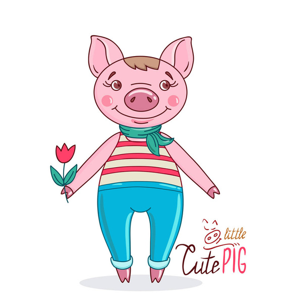 Cerdo en un estilo de dibujos animados sosteniendo un tulipán en su mano. Diseño vectorial de estilo dibujado a mano para tarjeta de felicitación
 - Vector, imagen
