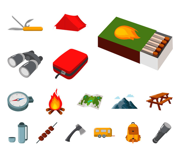 Descanse en los iconos de dibujos animados de camping en la colección de conjuntos para el diseño. Camping y equipo vector símbolo stock web ilustración
. - Vector, imagen