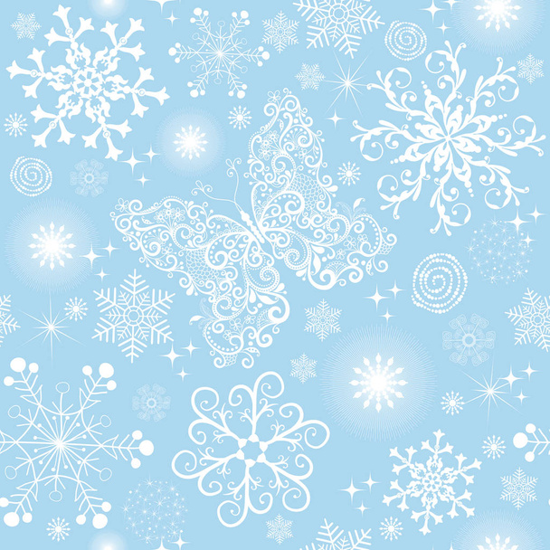 Patrón de Navidad sin costura azul con copos de nieve blancos y mariposas, vector eps 8
 - Vector, Imagen