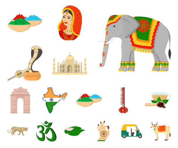 Land India cartoon pictogrammen in set collectie voor design. India en mijlpaal symbool voorraad web vectorillustratie. - Vector, afbeelding