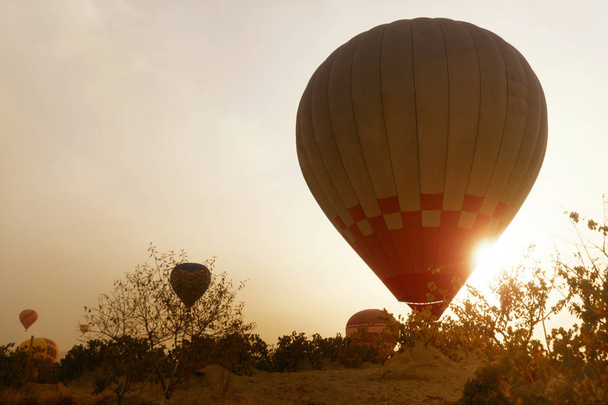 Travel. Beautiful Hot Air Balloon Flying In Sky With Sunset - Фото, зображення