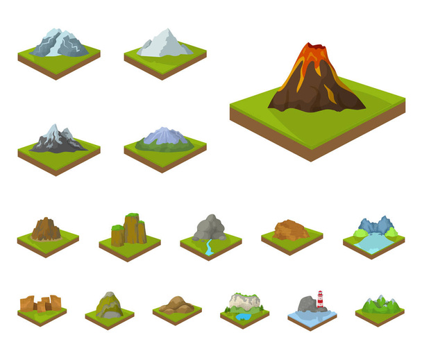 Mountains, massive cartoon icons in set collection for design. The surface of the earth vector isometric symbol stock web illustration. - Vektor, Bild