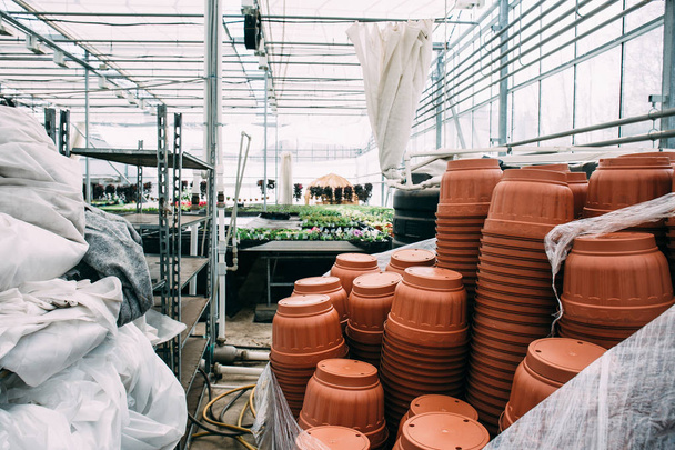 Стек пластикових горщиків для вирощування в сучасному гідропонічному тепличному інтер'єрі
 - Фото, зображення