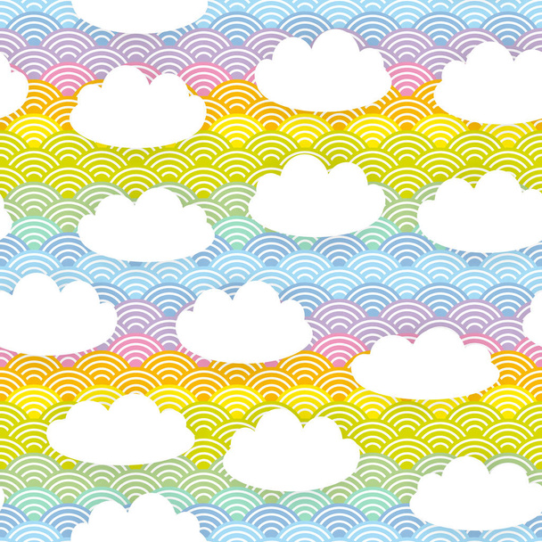 Kawaii white clouds Seamless pattern on blue mint orange pink lilac japanese wave rainbow background. Vector illustration - Vektör, Görsel
