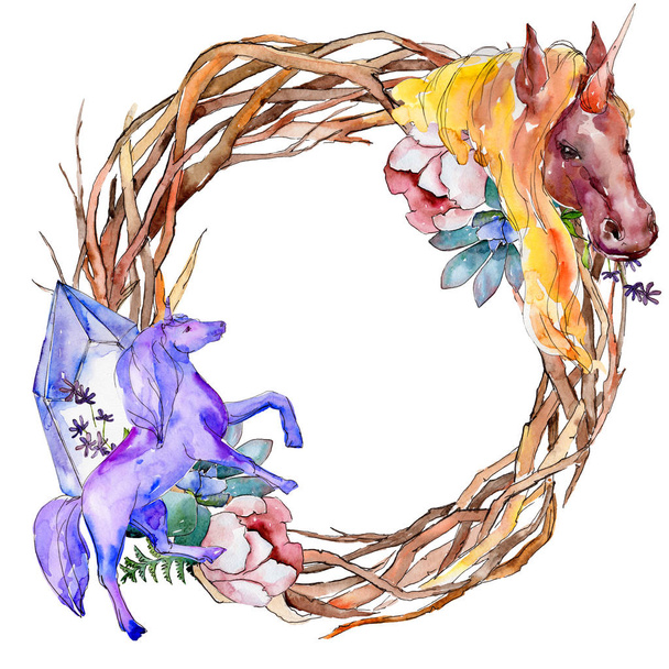 Cute unicorn horse. Fairytale children dream. Watercolor background illustration set. Frame border ornament square. - Foto, imagen