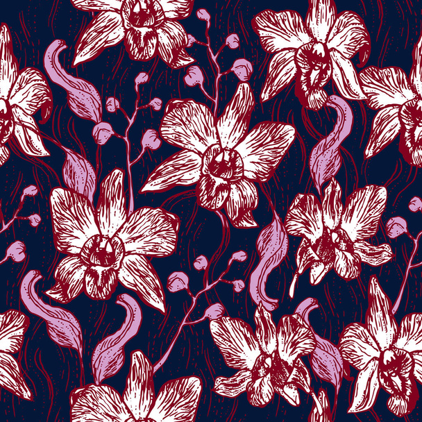 美しい蘭の花。海軍背景、ブルゴーニュ ピンク紫の輪郭スケッチのシームレスなパターン、カード バナー デザインに描かれた手。ベクトル図 - ベクター画像