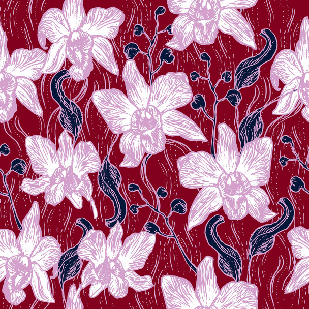 美しい蘭の花。ブルゴーニュのピンク パープル ネイビー、シームレスなパターン、カード バナー デザイン、ファブリック、サイトの背景手描きの輪郭をスケッチします。ベクトル図 - ベクター画像