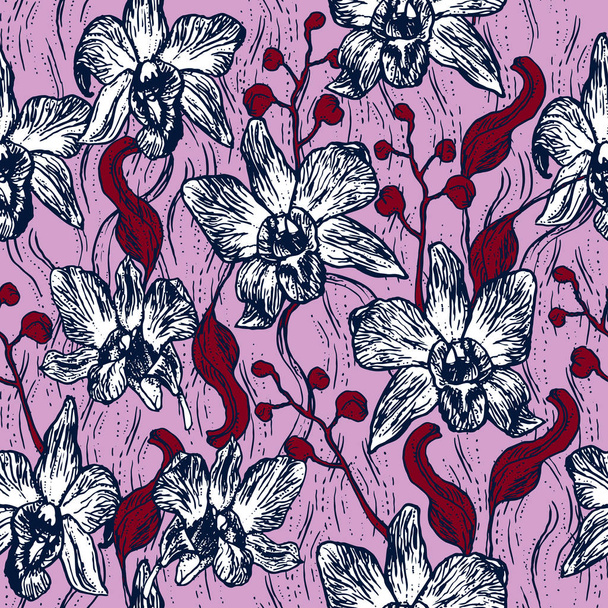 Gyönyörű orchidea. Kézzel rajzolt kontúr vázlat bordó pink lila Navy, varrat nélküli mintát, a kártya banner tervezés, a háttér helyén, szövet. Vektoros illusztráció - Vektor, kép