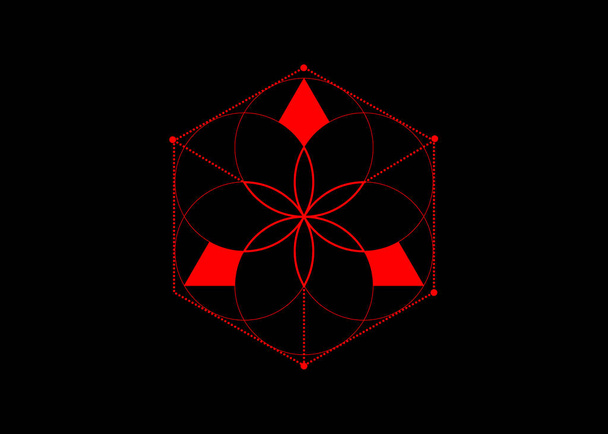 Символ алхимии эзотерический, красный цветок жизни. Сакральная геометрия, графический элемент Вектор изолированная иллюстрация или черный. Мистические иконки платонических тел, абстрактный геометрический рисунок, типичные круги на полях
 - Вектор,изображение