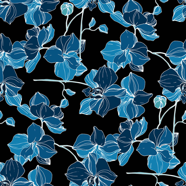 Vector blue orchids. Wildflowers isolated on black. Engraved ink art. Seamless background pattern. Wallpaper print texture. - ベクター画像