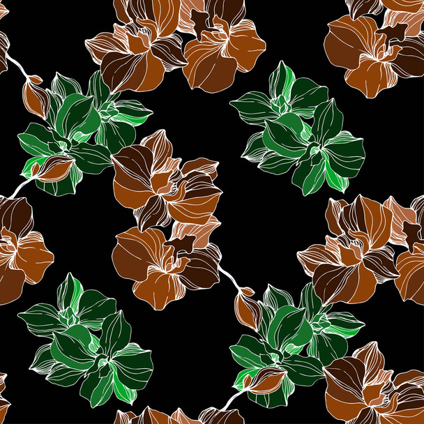 Vector green and orange orchids. Wildflowers isolated on black. Engraved ink art. Seamless background pattern. Wallpaper print texture. - Vector, Image