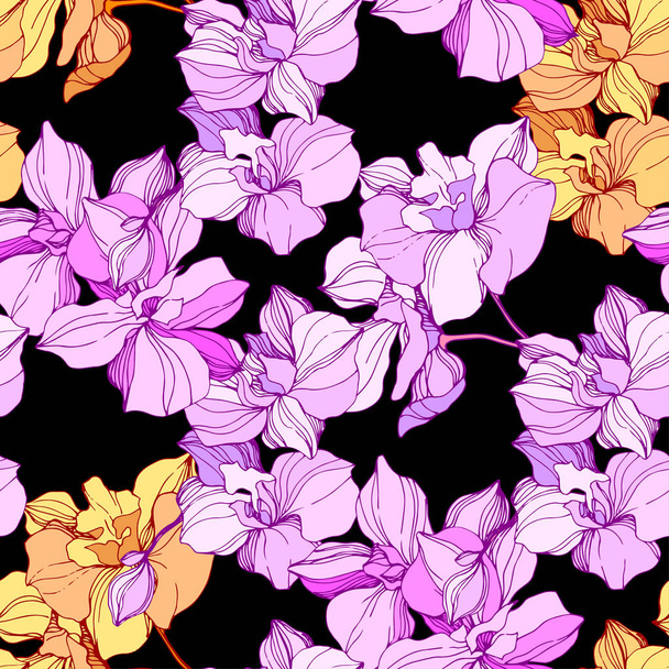 Vector pink and orange orchids. Wildflowers isolated on black. Engraved ink art. Seamless background pattern. Wallpaper print texture. - Vektör, Görsel