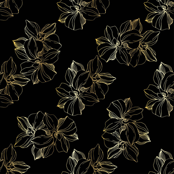 Vector golden orchids. Wildflowers isolated on black. Engraved ink art. Seamless background pattern. Wallpaper print texture. - Vector, Image