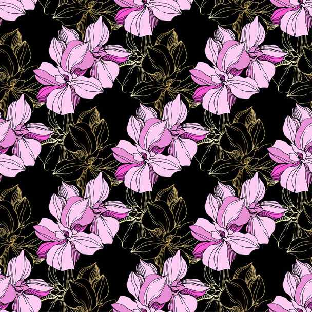 Vector pink orchids. Wildflowers isolated on black. Engraved ink art. Seamless background pattern. Wallpaper print texture. - Vector, Image