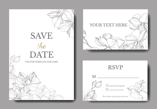Vector orchids. Engraved ink art. Wedding background cards with decorative flowers. Thank you, rsvp, invitation cards graphic set banner. - Vector, Image