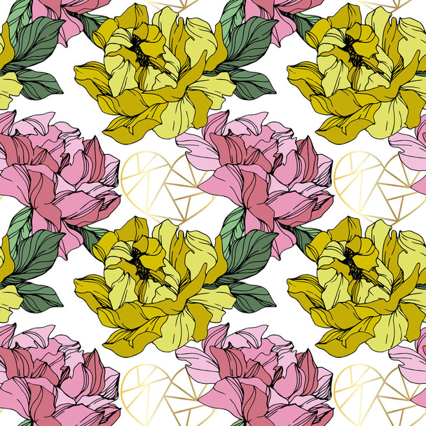 Vector Pink and yellow peonies. Wildflowers isolated on white. Engraved ink art. Seamless background pattern. Wallpaper print texture. - Vettoriali, immagini