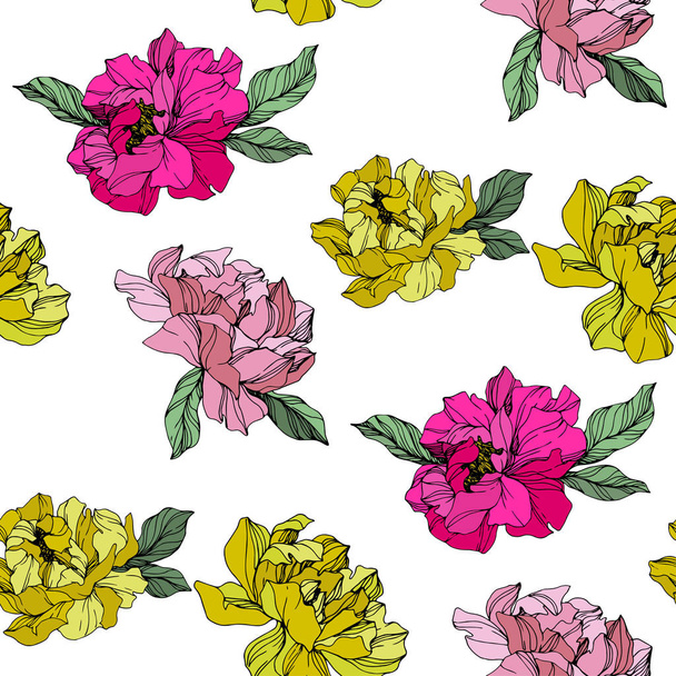 Vector Pink and yellow peonies. Wildflowers isolated on white. Engraved ink art. Seamless background pattern. Wallpaper print texture. - Вектор, зображення