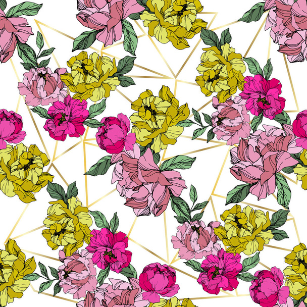 Vector Pink and yellow peonies. Wildflowers isolated on white. Engraved ink art. Seamless background pattern. Wallpaper print texture. - Вектор, зображення