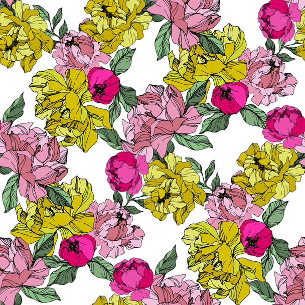 Vector Pink and yellow peonies. Wildflowers isolated on white. Engraved ink art. Seamless background pattern. Wallpaper print texture. - Vector, Image