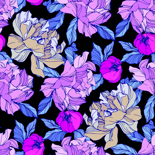 Vector neon Pink peonies. Wildflowers isolated on black. Engraved ink art. Seamless background pattern. Wallpaper print texture. - Вектор, зображення
