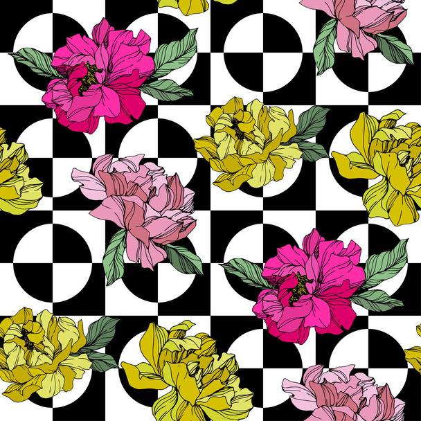 Vector Pink and yellow peonies. Wildflowers on ornamental background. Engraved ink art. Seamless background pattern. Wallpaper print texture. - Wektor, obraz
