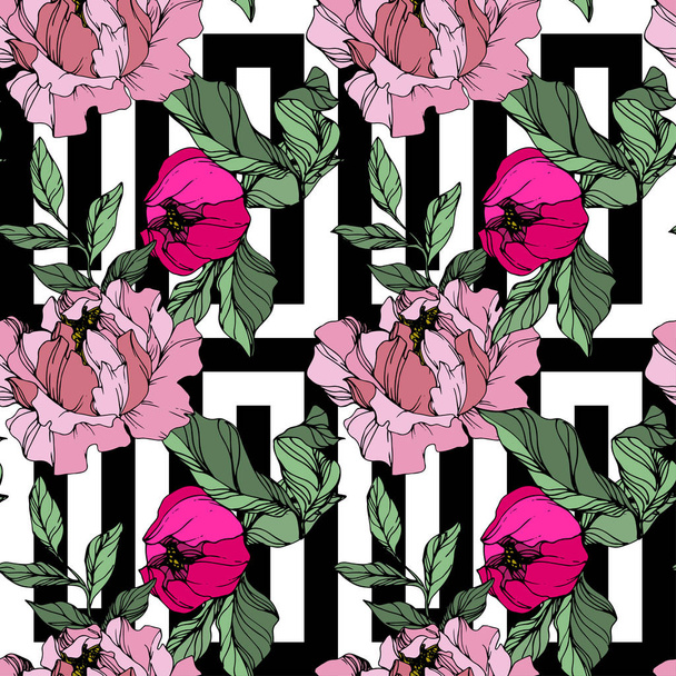 Vector Pink peonies. Wildflowers on ornamental background. Engraved ink art. Seamless background pattern. Wallpaper print texture. - Wektor, obraz