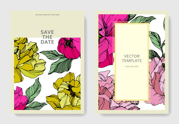 Vector pink and yellow peonies. Engraved ink art. Save the date wedding invitation cards graphic set banner. - Vector, Image