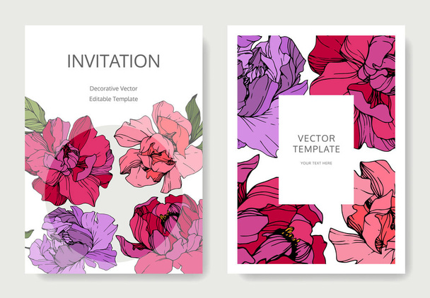 Vector pink and purple peonies. Engraved ink art. Wedding background cards with decorative flowers. Invitation cards graphic set banner. - Vector, Image
