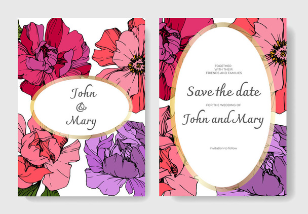 ベクターのピンクと紫の牡丹。刻まれたインク アート。結婚式招待状カード グラフィック バナーを設定した日付を保存します。. - ベクター画像