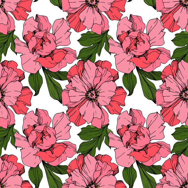 Vector Pink peonies. Wildflowers isolated on white. Engraved ink art. Seamless background pattern. Wallpaper print texture. - Vector, imagen