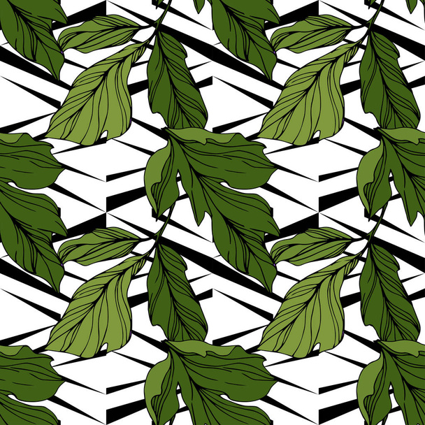 Vector green leaves on ornamental background. Engraved ink art. Seamless background pattern. Wallpaper print texture. - Vector, Image